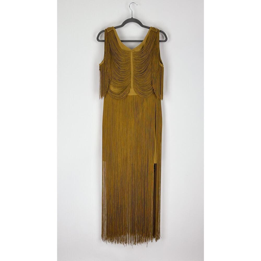 Karen Millen Maxi Draped Fringe Knitted Mini Dress Chartreuse Womens Medium New - Picture 4 of 11